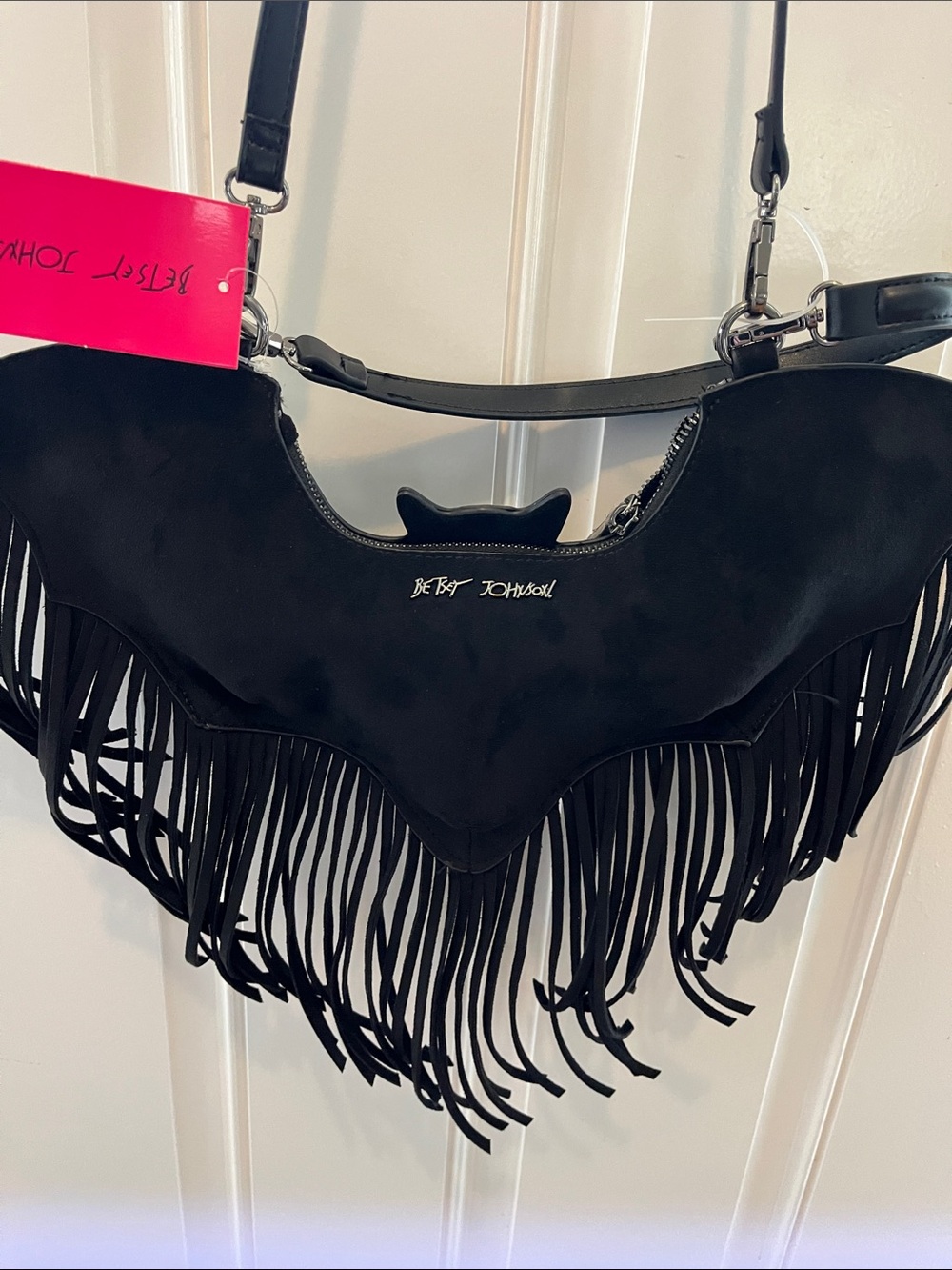 Betsy Johnson Black Bat Fringe Shoulder Bag - Picture 5 of 15